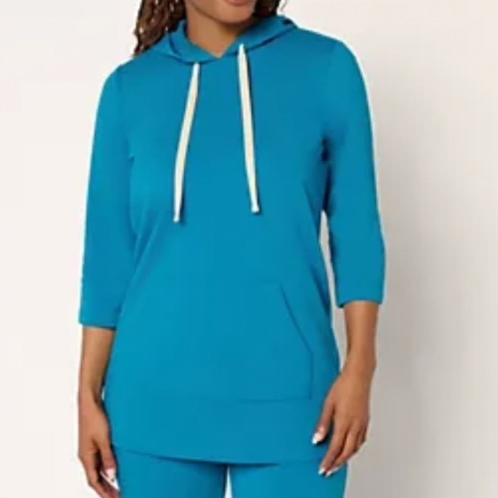 Denim & Co Active Teal French Terry Tunic Hoodie Whip‎ Stitch 3/4 Sleeve Medium
